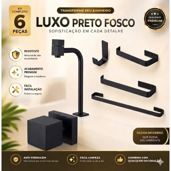 kit para banheiro preto fosco Torneira 90° + kit 4 peças + acabamento quadrado 16D deca