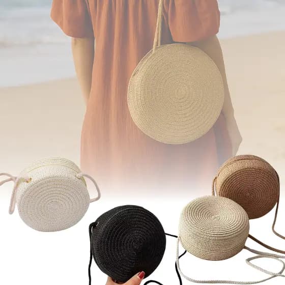 Bolsa feminina de praia redonda de palha de verão com alça praia passeios piscina