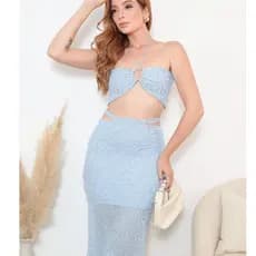 Conjunto Feminino Tricot Modal Saia Midi Rendada com Forro e Fenda Lateral e Top Cropped Sereia