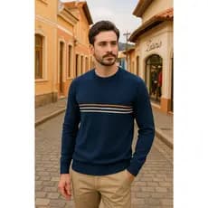 Suéter Masculino Tricot Manga Longa de Frio Detalhe Listras Gola Redonda M G GG XG Outono Inverno
