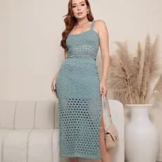 Conjunto Feminino Saia Midi com Forro e Cropped Tricot Modal Verão Praia Elegante Roupa Feminina