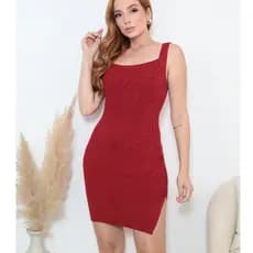 Vestido Feminino Midi Tricot Canelado com Fenda Lateral Modal Elegante Verão Casual Roupa Feminina