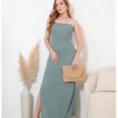 Vestido Longo Feminino Tomara Que Caia Tricot Modal com Fenda Lateral e Detalhes no Busto Verão