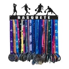 Porta Medalhas Basquete quadro decorativo vazado MDF Preto 20 Ganchos