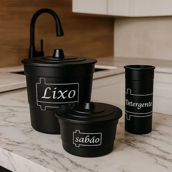 CONJUNTO KIT PIA 3 PEÇAS LIXEIRA PORTA SABÃO E DETERGENTE - COZINHA ESTILO PREMIUM