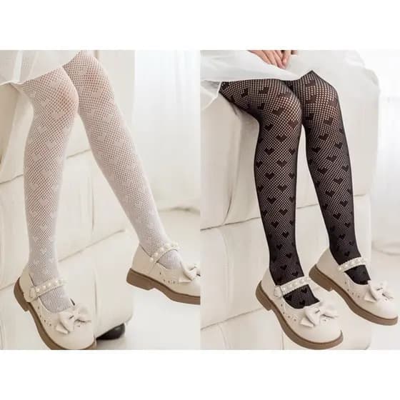 Meia Calça Arrastão Infantil Com Coração Pra Festa e Dança Moda BBH-0680 Preto e branco