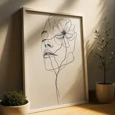 Quadro Rosto Feminino Linha Contínua Flor Minimalista Arte Moderna Desenho Preto Branco Parede