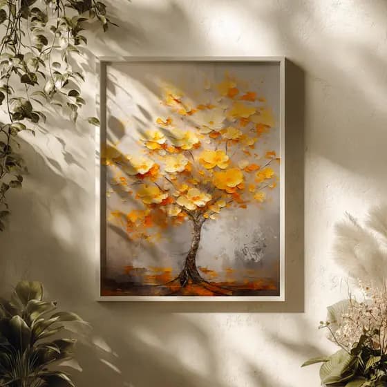 Quadro Árvore Amarela Flores Douradas Arte Natureza Moderna Abstrata Pintura Sala Quarto Parede