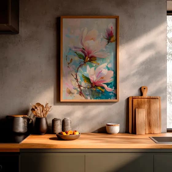 Quadro Flores Magnólia Rosa Botânica Arte Pintura Floral Elegante Natureza Moderna Parede Casa