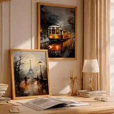 Kit 2 Quadros Decorativos com Moldura Paris Torre Eiffel Bonde Vintage Noite Chuva Urbano Elegante