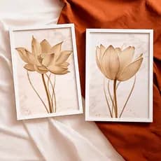 Kit 2 Quadros Decorativos com Moldura Flor Lótus Bege Minimalista Elegante Sofisticado Sala Quarto