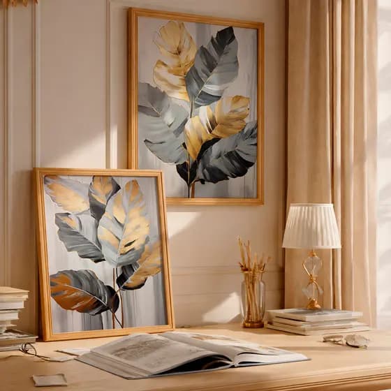 Kit 2 Quadros Decorativos com Moldura Folhas Cinza Dourado Tropical Moderno Sala Quarto Sofisticado
