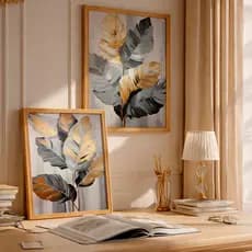Kit 2 Quadros Decorativos com Moldura Folhas Cinza Dourado Tropical Moderno Sala Quarto Sofisticado
