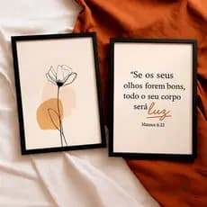 Kit 2 Quadros Decorativos Minimalista Flor Versículo Bíblico Mateus 6:22 Fé Cristão Elegante