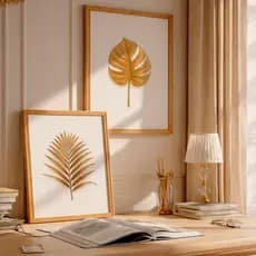 Kit 2 Quadros Decorativos com Moldura Folhas Douradas Minimalista Elegante Fundo Branco Luxo Sala