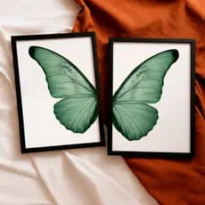 Kit 2 Quadros Decorativos Asas Borboleta Verde Minimalista Moderno Simétrico