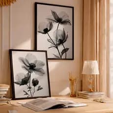 Kit 2 Quadros Decorativo com Moldura Flores Preto Branco Floral Minimalista Elegante Quarto Moderno