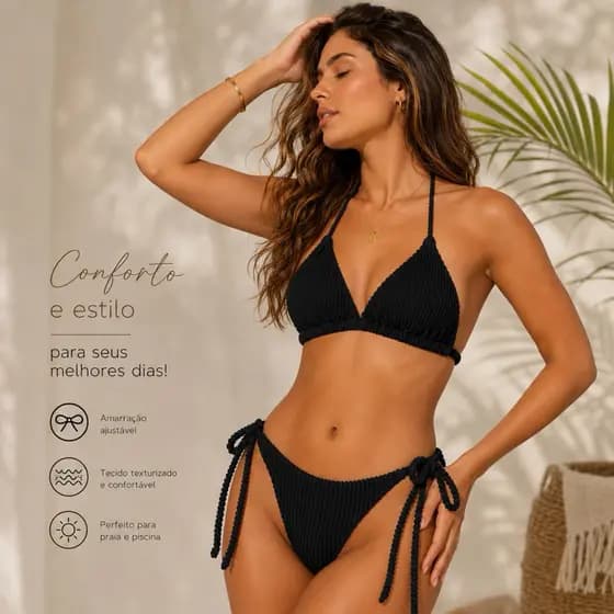 Biquíni Feminino Canelado Texturizado Preto Moda Praia Cortininha Lacinho Ajustável Sem Bojo