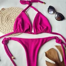 Biquíni Feminino Rosa Pink Cortininha Fio Dental Lacinho Texturizado Moda Praia Tendência