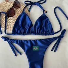 Biquíni Azul Royal Bandeira do Brasil Top Cortininha + Calcinha comum de Lacinho Verão 2026 Moda Praia Copa do Mundo
