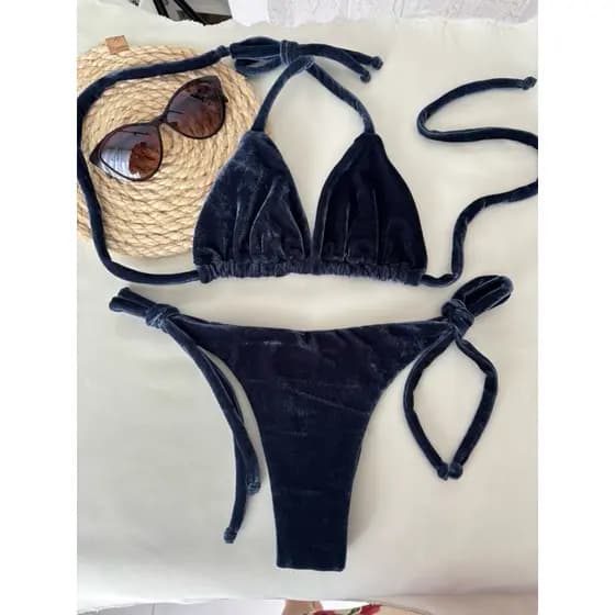 Biquíni Azul Fio Dental Feminino Malha Aveludada Amarração Lacinho Bronze Perfeito