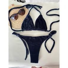 Biquíni Azul Fio Dental Feminino Malha Aveludada Amarração Lacinho Bronze Perfeito