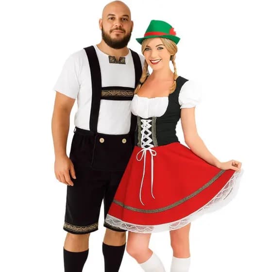 Conjunto casal fritz e frida alemão oktoberfest na cor vermelha e suspensorio preto