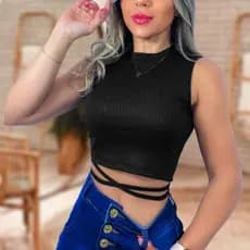 Blusa Cropped Regata Amarração Canelado com Gola Redonda Preto Branco Sem Manga – Moda Gringa