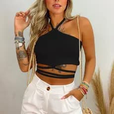 Top Cropped Triangulo Preto Branco Alcinha Recortado Moda Gringa