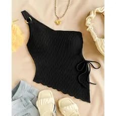 Blusa Feminina Chanfrada VonHeld Canelada Elegante Preta Bege Rosa de um Ombro com Argola Cores