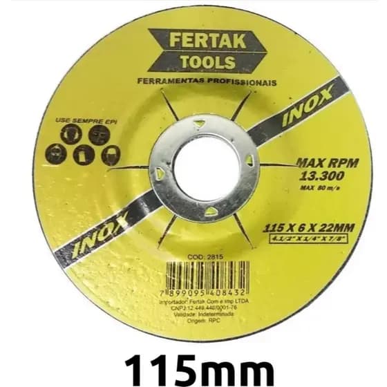 Disco De Desbaste Esmerilhadeira 4.1/2'' 115mm Para Metal e Aço Inox Fertak 3 unidade e 5unidades