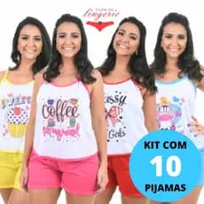 Kit 10 Pijama Feminino Luana Baby Doll Adulto Regata Ou Alcinha Em Malha De Poliéster