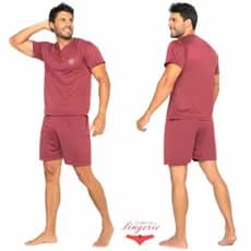 Pijama Masculino 070 Adulto Bermuda Com Camiseta Moderno Com Aplicação De Bordado