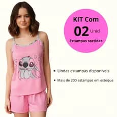Kit 2 Pijama Feminino Short Doll Estampado Confortável P ao GG Adulto Verão Leve Barato Ref Luana