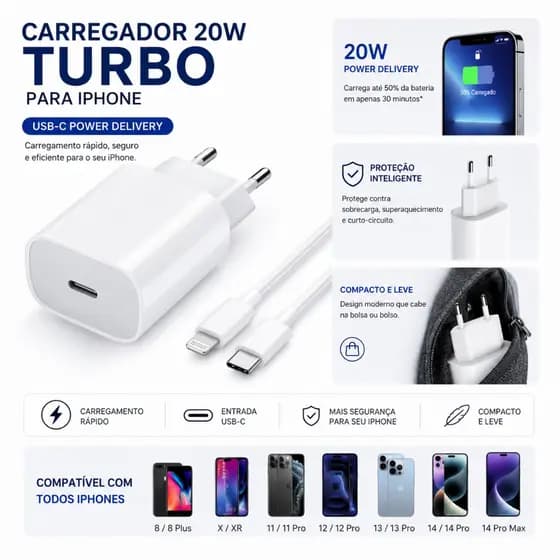 kit Carregador Iphone Cabo + Fonte USB - C Lightning Turbo 20W Serie 8 11 12 13 14 Envio Imediato Promoção