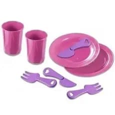 Brinquedo Pratos + Talheres + Copos Rosa Faz de Conta Cozinha Divertida Criativa