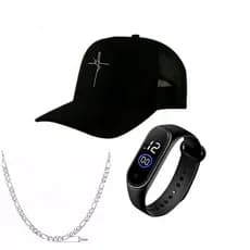 Kit Relógio Masculino Digital + Boné Fé + corrente em inox  Kit para Presente o Filho