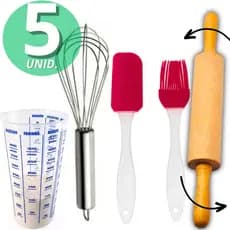 Kit 5 Peças De Confeiteiro  Pincel De Silicone  Rolo Para Massas Pizzas Fuê e Copo de Medida