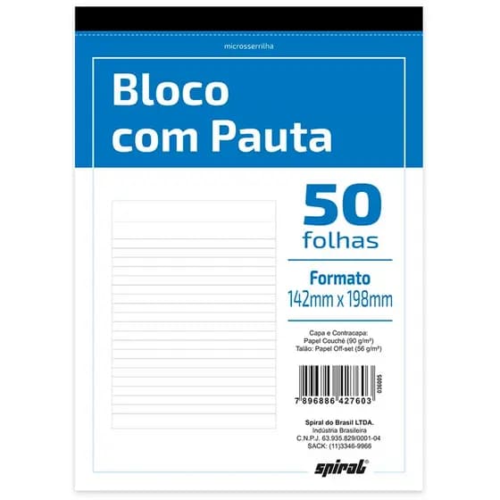 Bloco anotação com pauta 142x198mm serrilhado 50 folhas