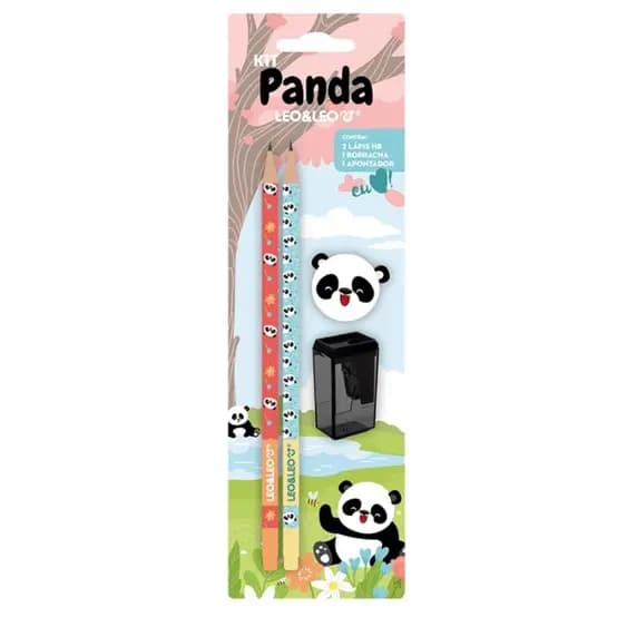 KIT 2 LAPIS HB APONTADOR E BORRACHA PANDA LEOELEO