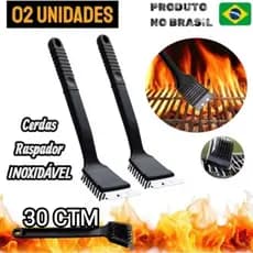 kit Escova de Limpeza para Grelha Churrasqueira com raspador cerdas inoxidável cabo 30ctm