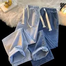 Calça Jeans masculina de perna larga, azul escuro, amarrada, perna larga, simples, solta, reta, cintura elástica
