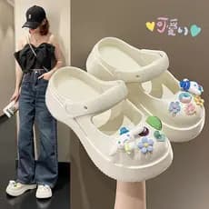 Baotou chinelos femininos verão sola grossa buraco sapatos antiderrapante francês Mary Jane sandálias flores ocas