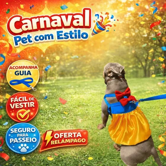 Roupa Peitoral Vestido Pet Branca de Neve – Coleira com Guia para Cães Pequenos e Médios Gaby Pet Ajustável Fantasia
