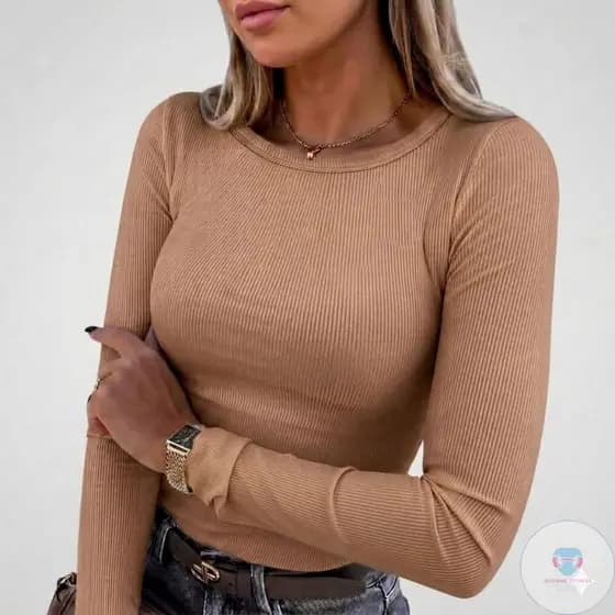 Blusa Feminina Ribana Canelada Manga Longa Básica Gola Redonda