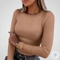 Blusa Feminina Ribana Canelada Manga Longa Básica Gola Redonda