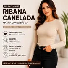 Blusa Feminina Ribana Canelada Manga Longa Básica Gola Redonda Premium