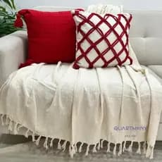 Kit 2 Capas Almofada Macrame Vermelho Pompom (2 Capas + 1 Manta) Sofa Rustico Artesanal Decorativo