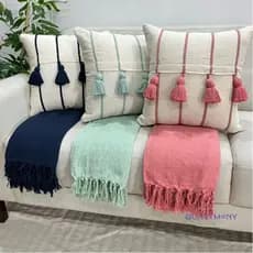 Kit Capa Almofada Pompom Listra (1 Capa + 1 Manta) Estilo Rustica Decorativa Artesanal Moderno