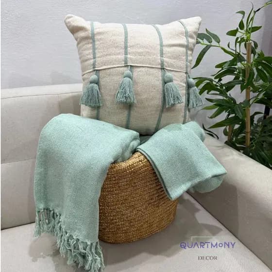 Kit Capa Almofada Pompom (1 Capa + 1 Manta) Listra Verde Agua Decorativa Artesanal Rustica Estilo
